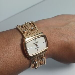 Anne Klein Womens Mother of Pearl Diamond Accented Dial Gold Tone Chain Watch